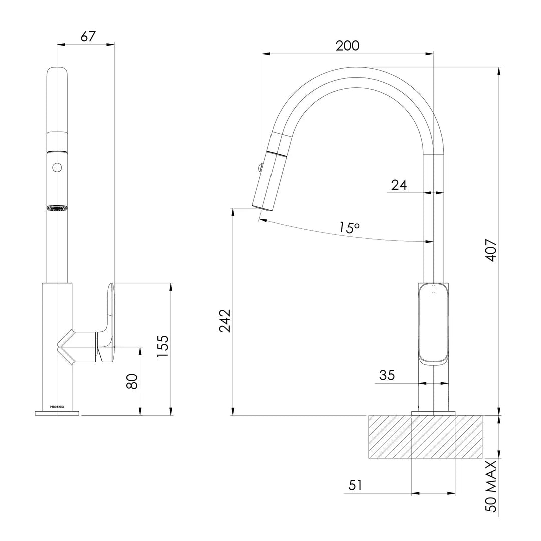 NUAGE Pull Out Sink Mixer 200mm Phoenix