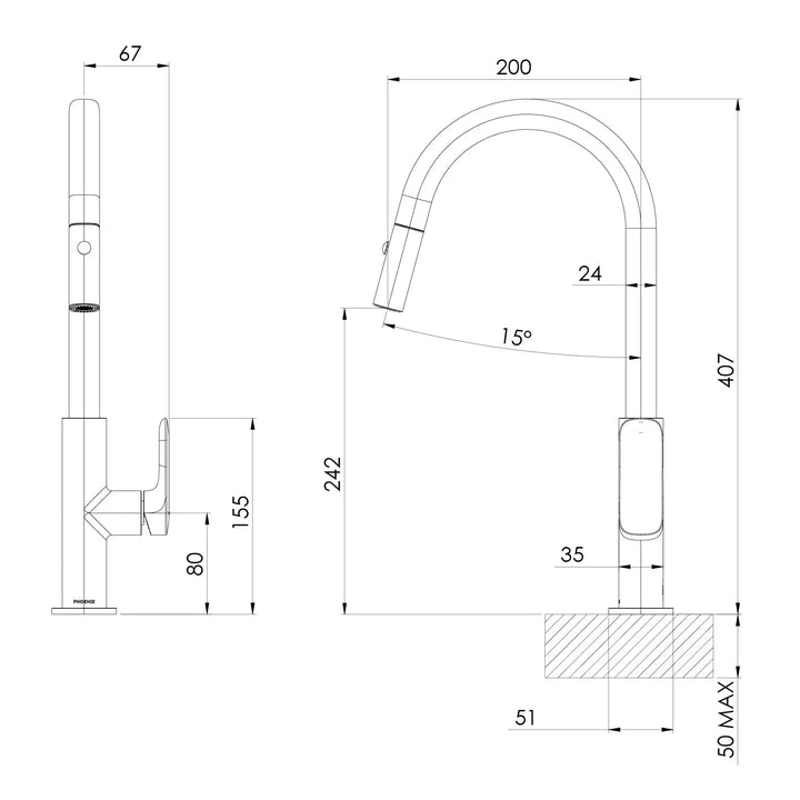 NUAGE Pull Out Sink Mixer 200mm Phoenix