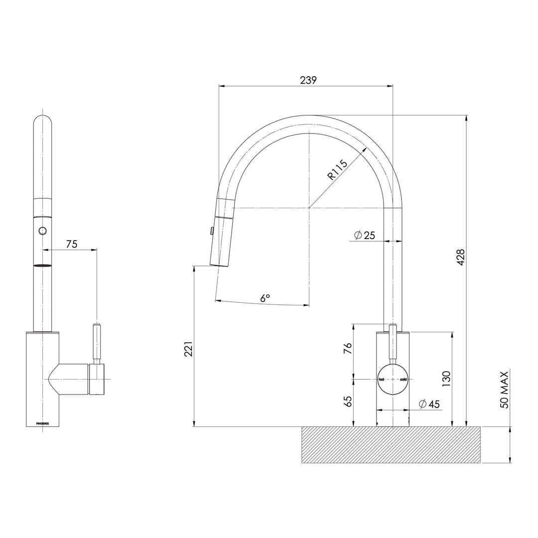 Vivid MKII Pull Out Sink Mixer 240mm Gooseneck Phoenix