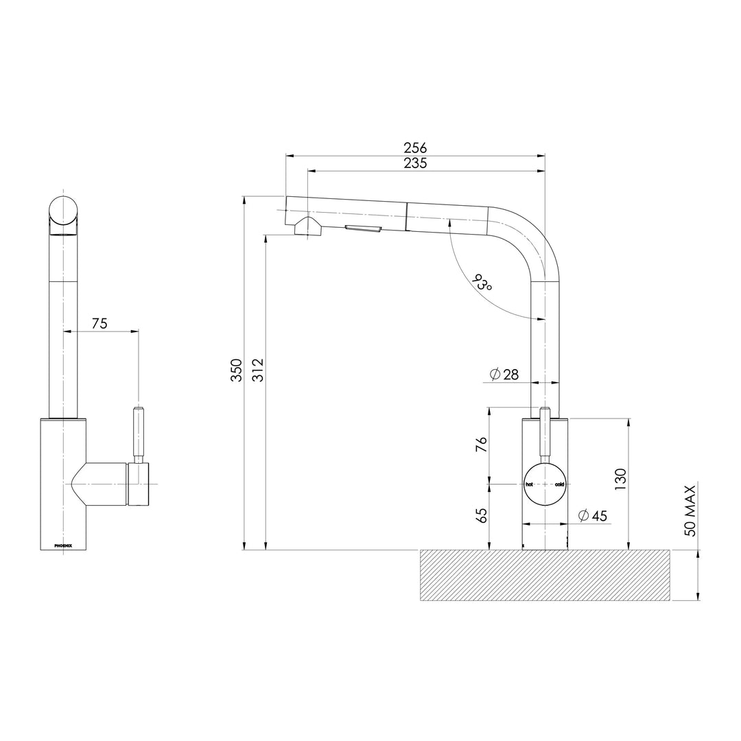 Vivid MKII Pull Out Sink Mixer 230mm L Shaped Phoenix