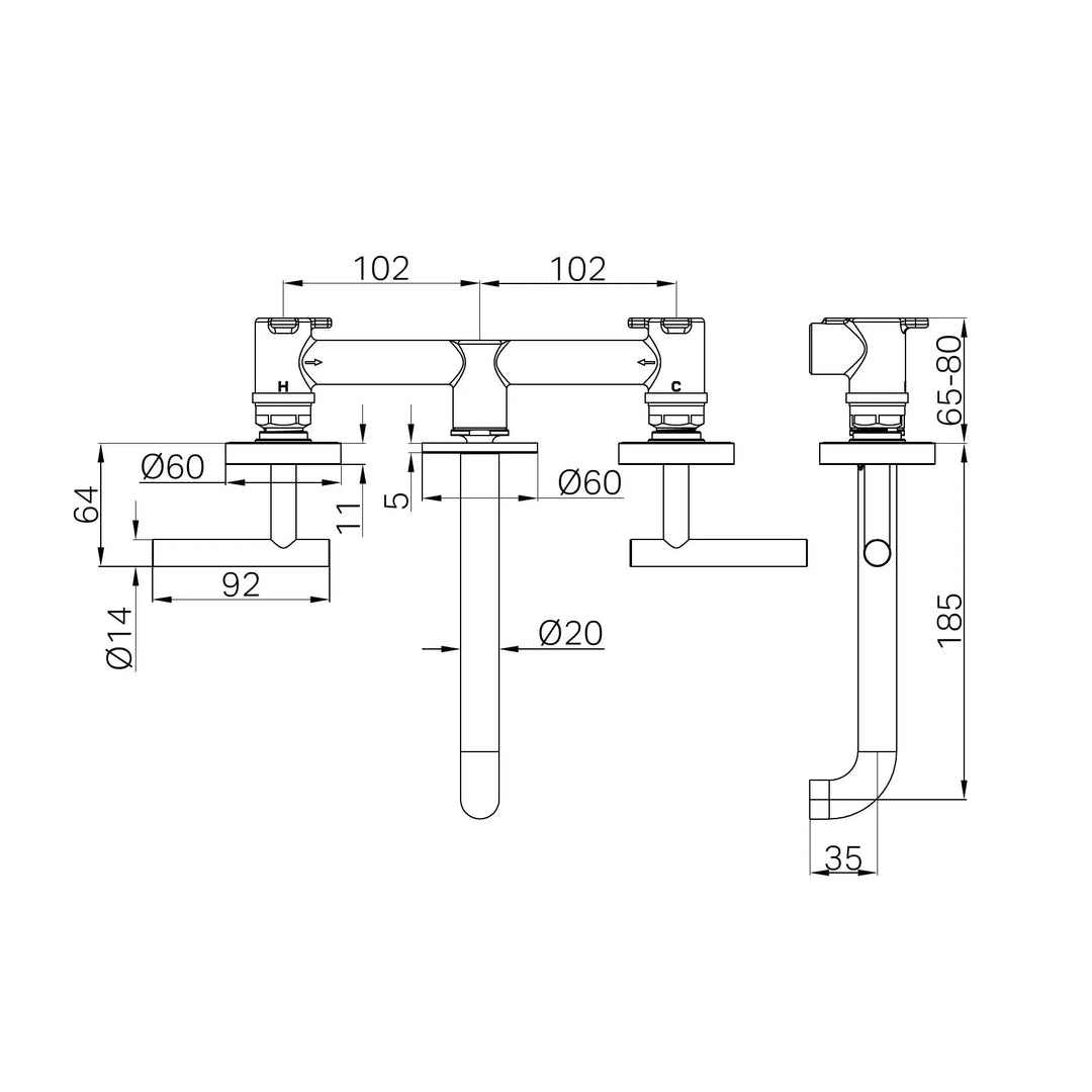 Mecca Lever Wall Basin / Bath Set 160 / 185 / 220mm Spout Nero tapware