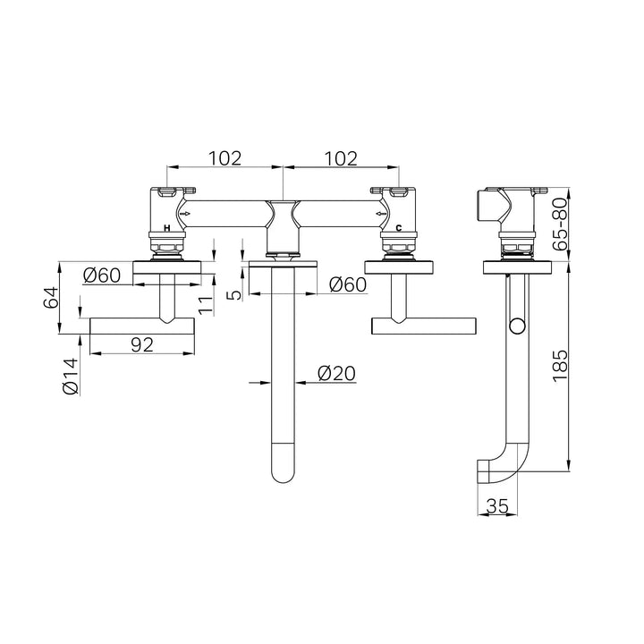 Mecca Lever Wall Basin / Bath Set 160 / 185 / 220mm Spout Nero tapware