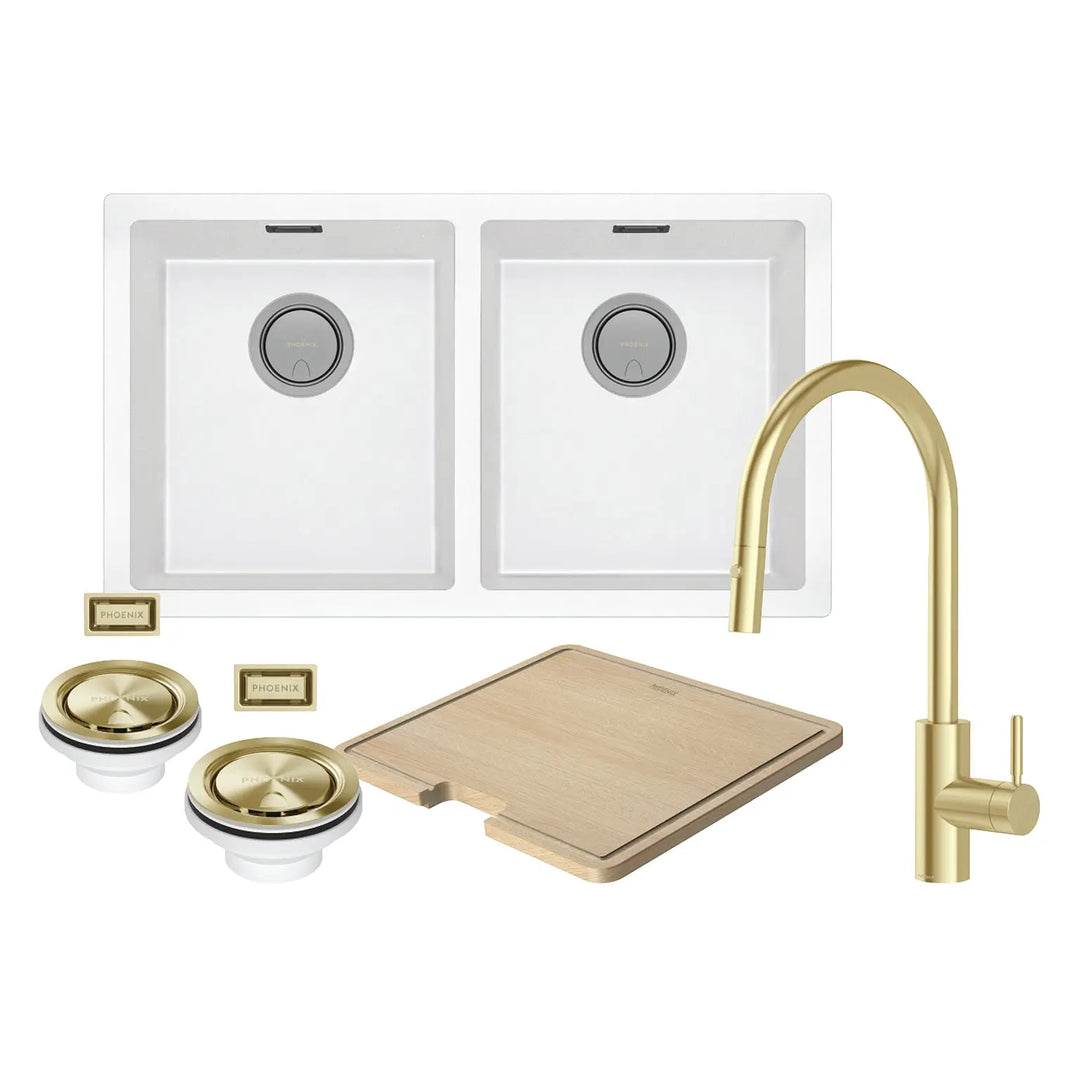 Phoenix Sink Package 2 – Matte White Sink & Brushed Gold Mixer Phoenix