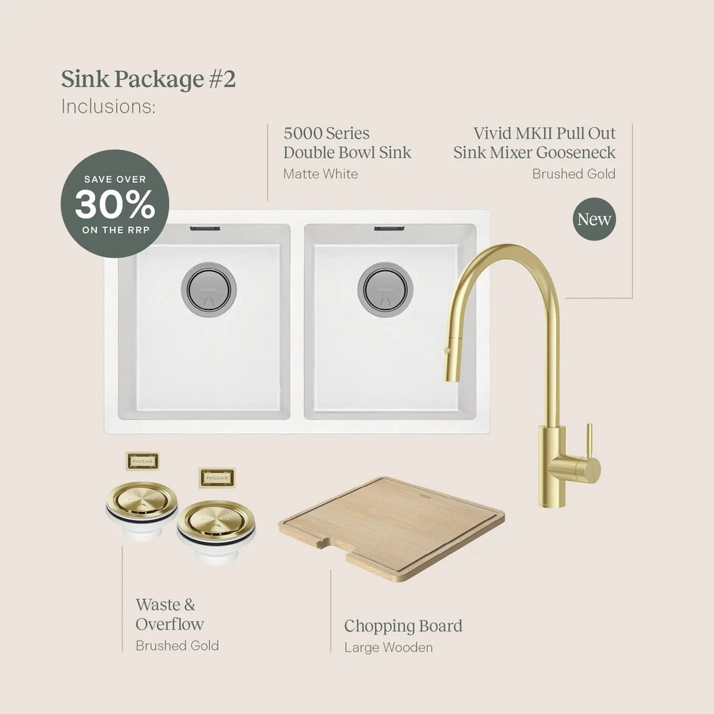 Phoenix Sink Package 2 – Matte White Sink & Brushed Gold Mixer Phoenix