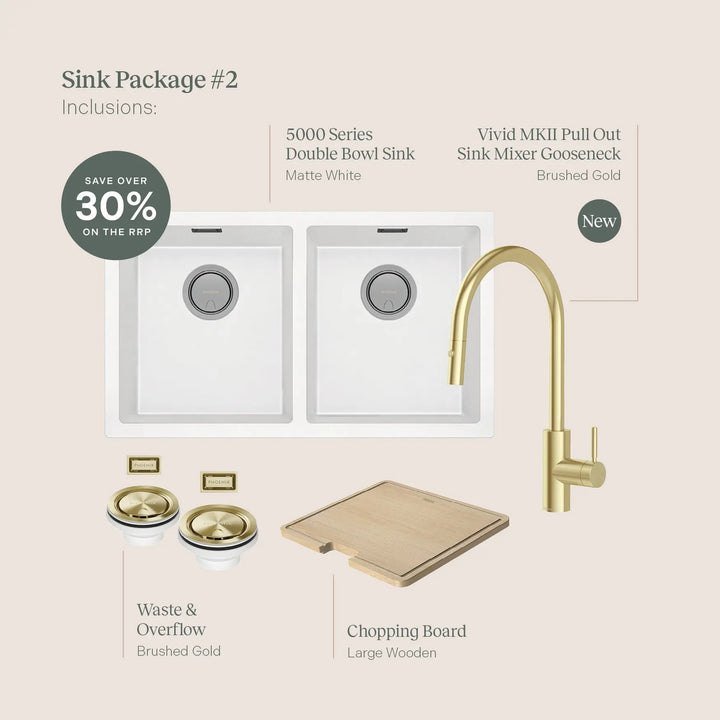 Phoenix Sink Package 2 – Matte White Sink &amp; Brushed Gold Mixer Phoenix