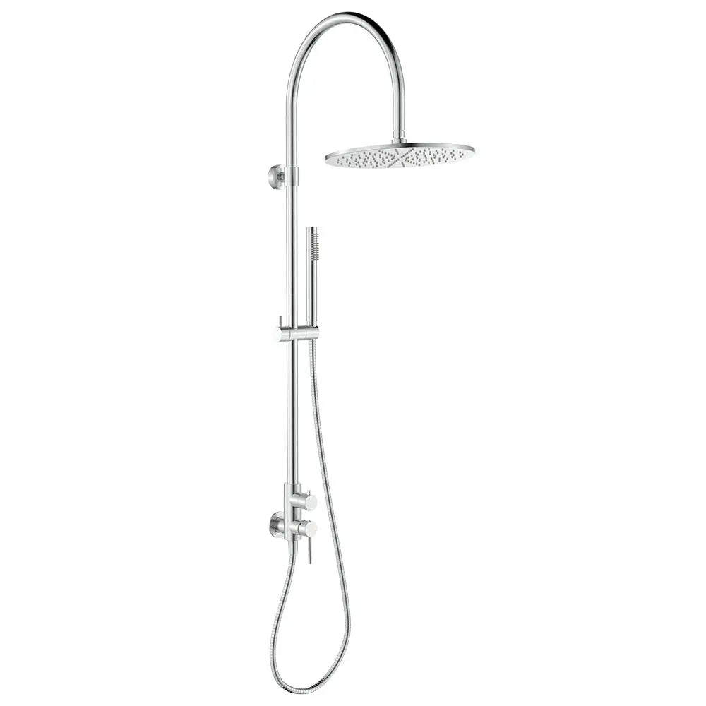 Kaya Wall Mounted Outdoor Twin Shower, Brushed Stainless Steel Fienza
