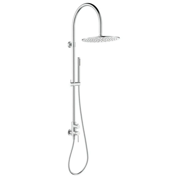 Kaya Wall Mounted Outdoor Twin Shower, Brushed Stainless Steel Fienza