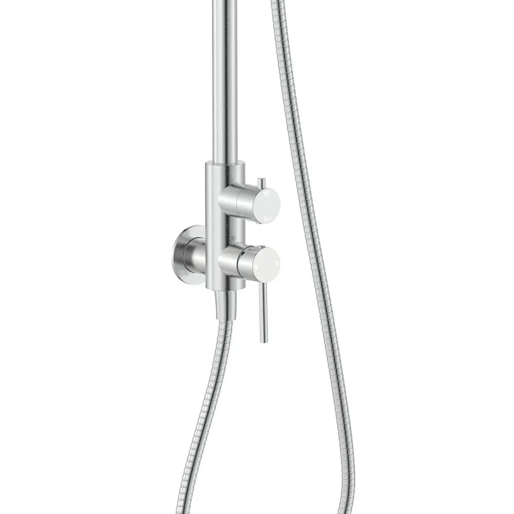 Kaya Wall Mounted Outdoor Twin Shower, Brushed Stainless Steel Fienza