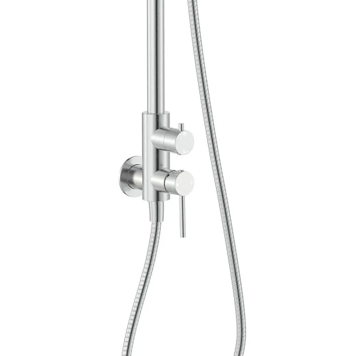 Kaya Wall Mounted Outdoor Twin Shower, Brushed Stainless Steel Fienza