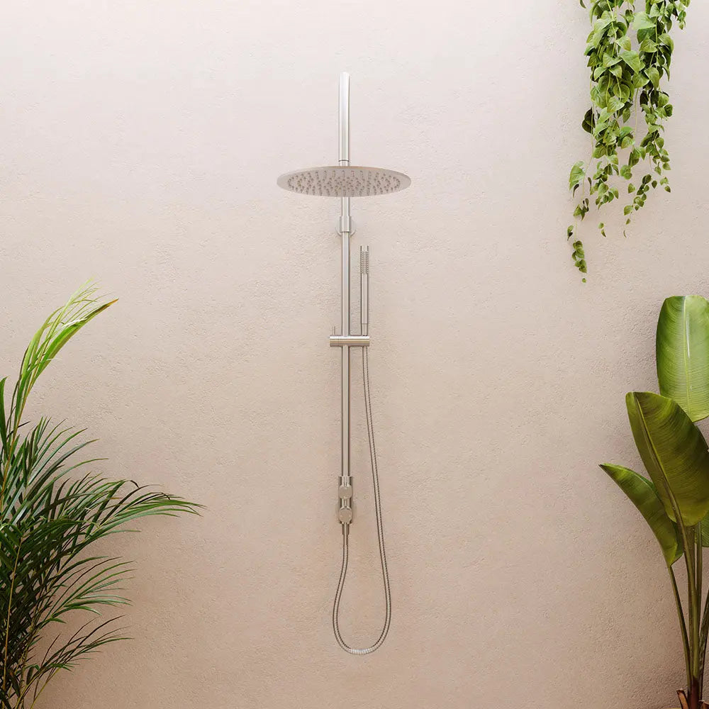 Kaya Wall Mounted Outdoor Twin Shower, Brushed Stainless Steel Fienza