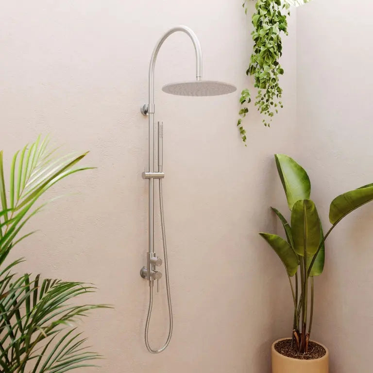 Kaya Wall Mounted Outdoor Twin Shower, Brushed Stainless Steel Fienza