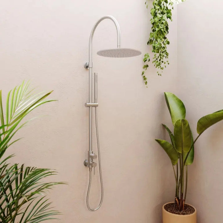 Kaya Wall Mounted Outdoor Twin Shower, Brushed Stainless Steel Fienza