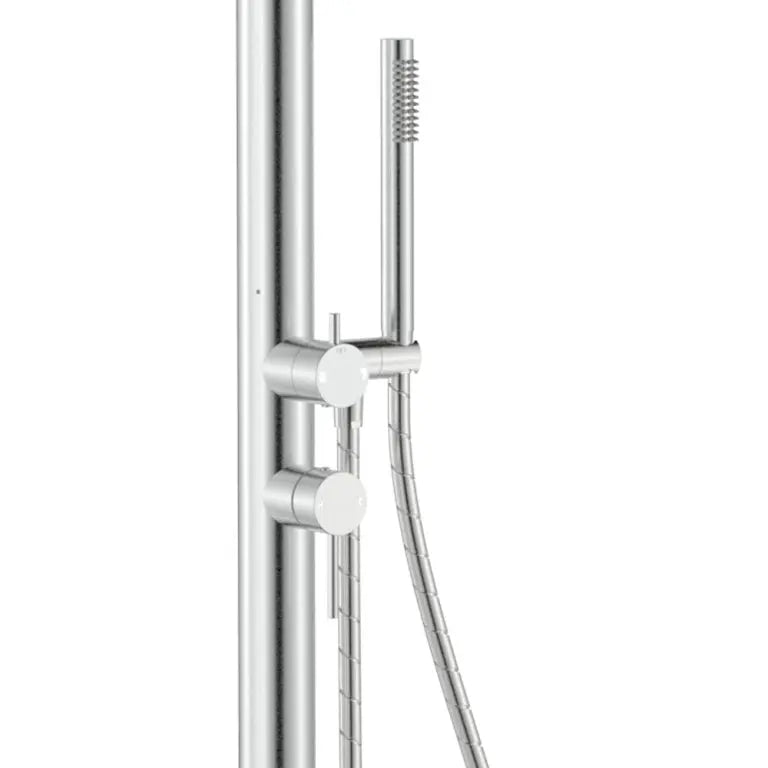 Kaya Floor Mounted Outdoor Twin Shower, Brushed Stainless Steel Fienza
