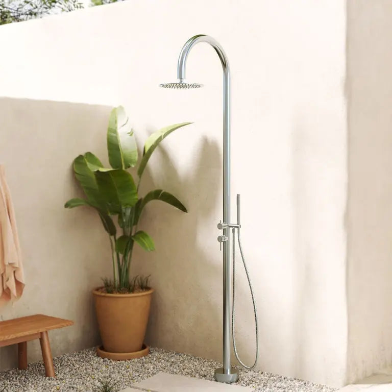 Kaya Floor Mounted Outdoor Twin Shower, Brushed Stainless Steel Fienza