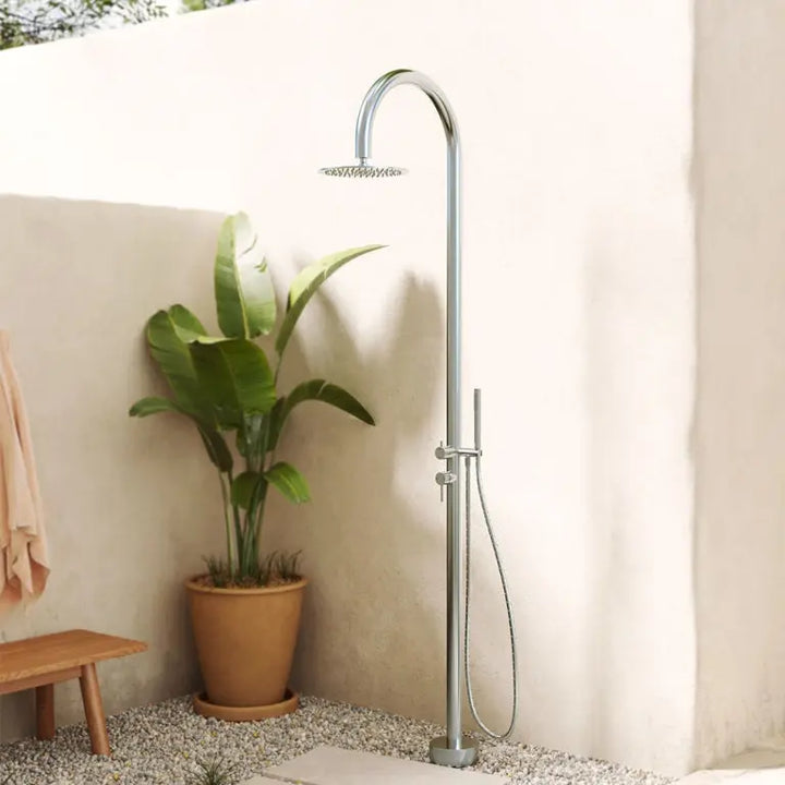 Kaya Floor Mounted Outdoor Twin Shower, Brushed Stainless Steel Fienza
