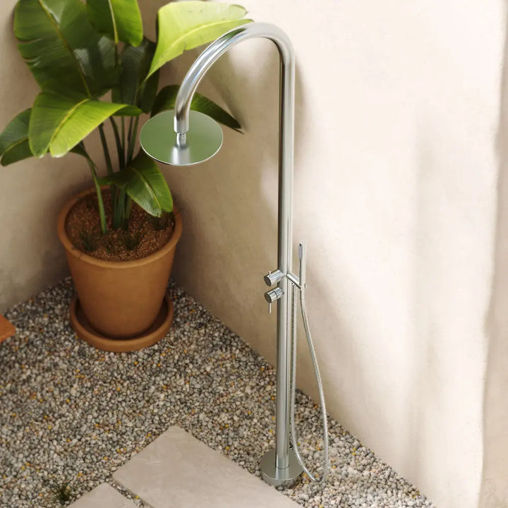 Kaya Floor Mounted Outdoor Twin Shower, Brushed Stainless Steel Fienza