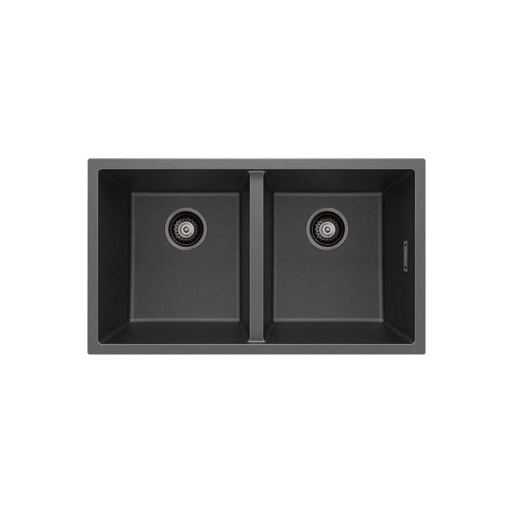 Kuro Granite 34L/34L Double Bowl Kitchen Sink - Matte Black and White Fienza