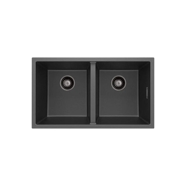 Kuro Granite 34L/34L Double Bowl Kitchen Sink - Matte Black and White Fienza