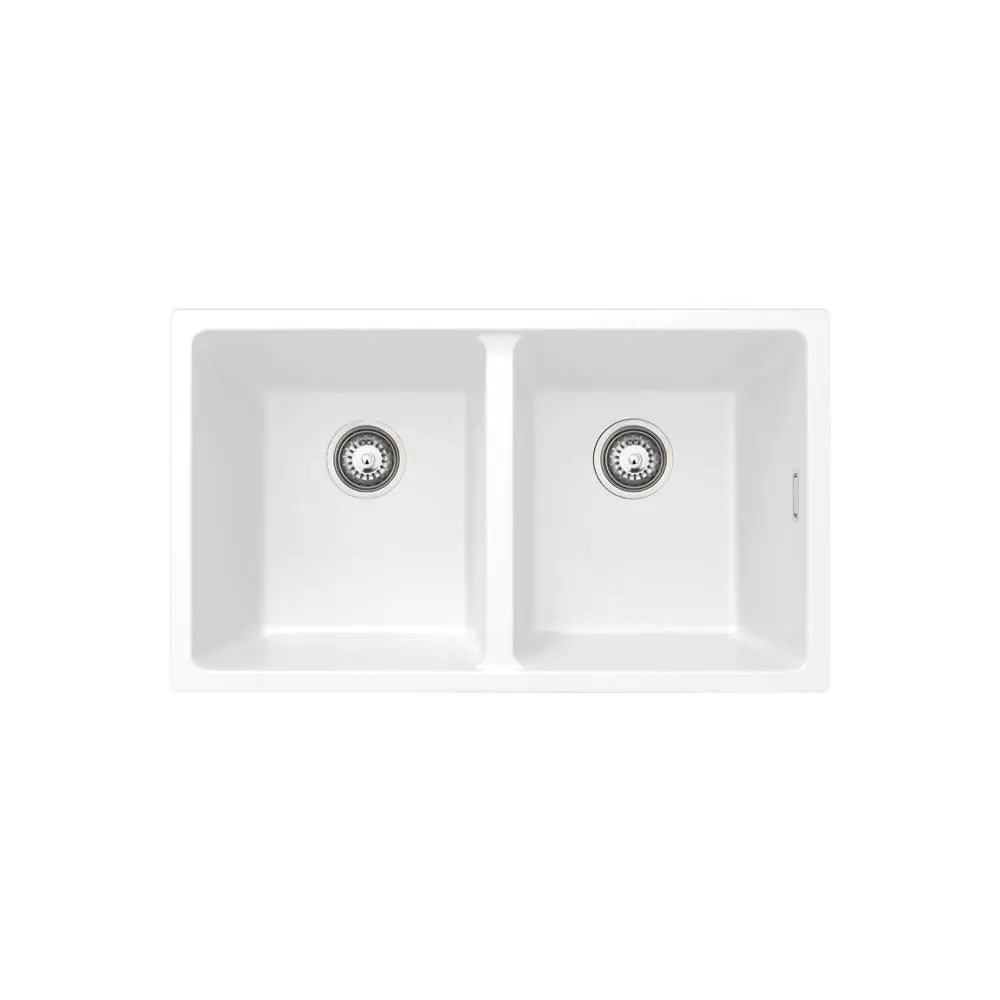 Kuro Granite 34L/34L Double Bowl Kitchen Sink - Matte Black and White Fienza