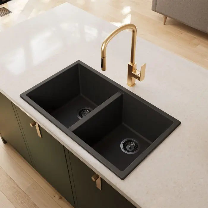 Kuro Granite 34L/34L Double Bowl Kitchen Sink - Matte Black and White Fienza