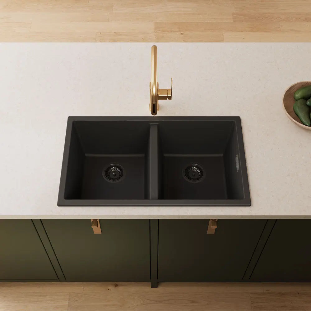 Kuro Granite 34L/34L Double Bowl Kitchen Sink - Matte Black and White Fienza