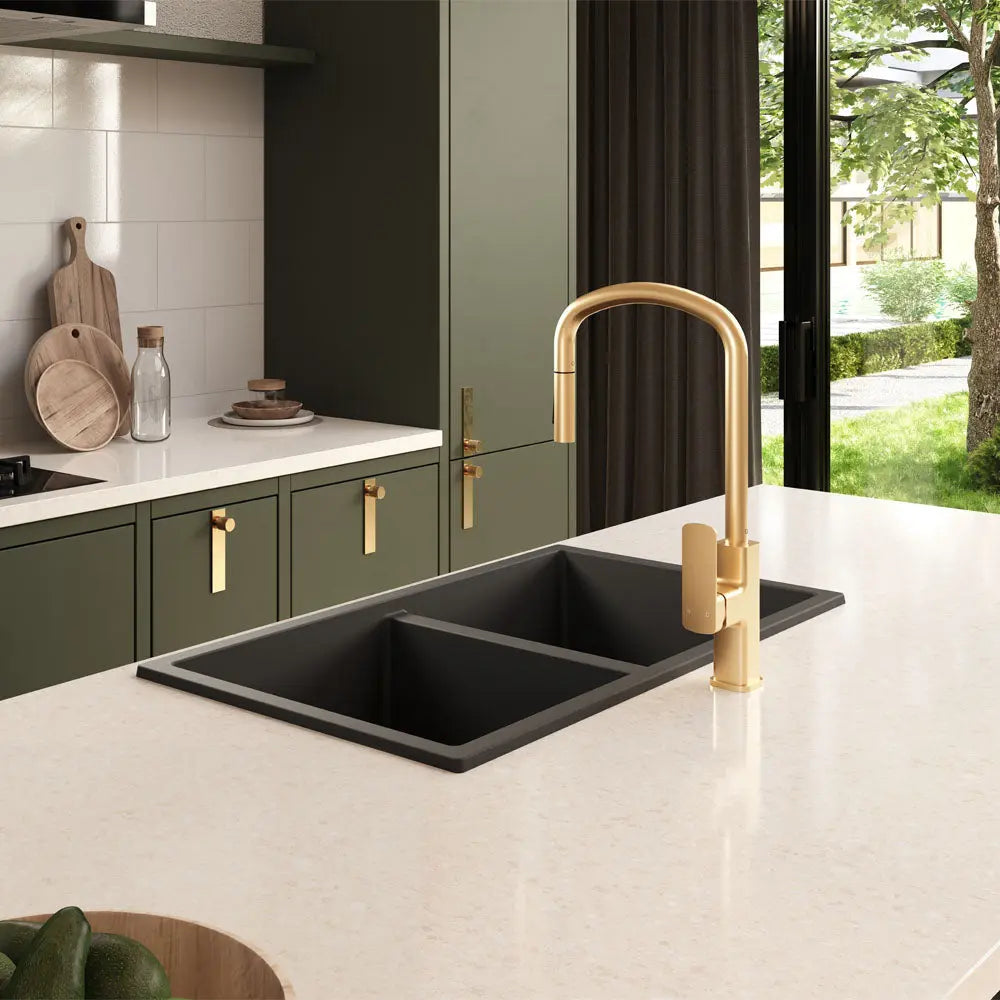 Kuro Granite 34L/34L Double Bowl Kitchen Sink - Matte Black and White Fienza