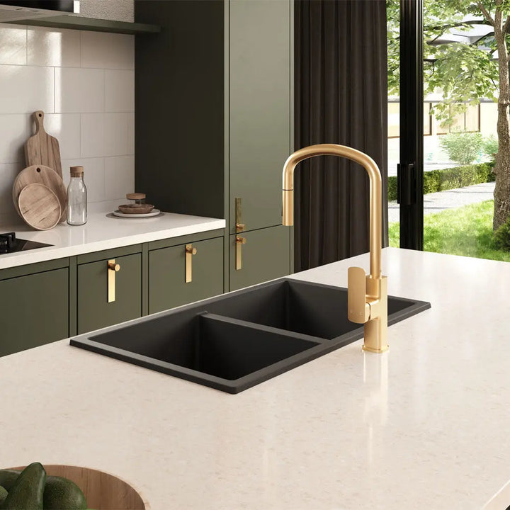 Kuro Granite 34L/34L Double Bowl Kitchen Sink - Matte Black and White Fienza