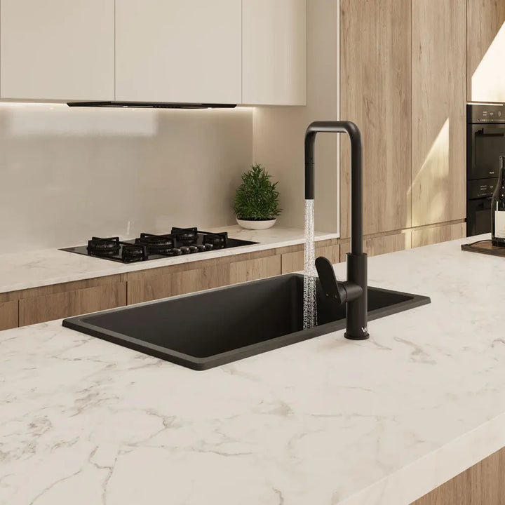 Kuro Granite 53L Single Bowl Kitchen Sink - Matte Black and White Fienza