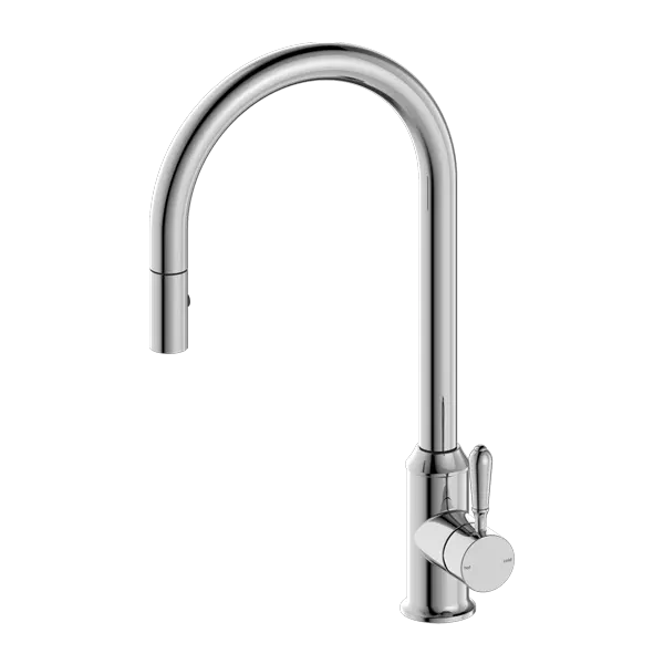 YORK PULL OUT SINK MIXER WITH VEGIE SPRAY FUNCTION with Metal or Porcelain Handle Nero tapware