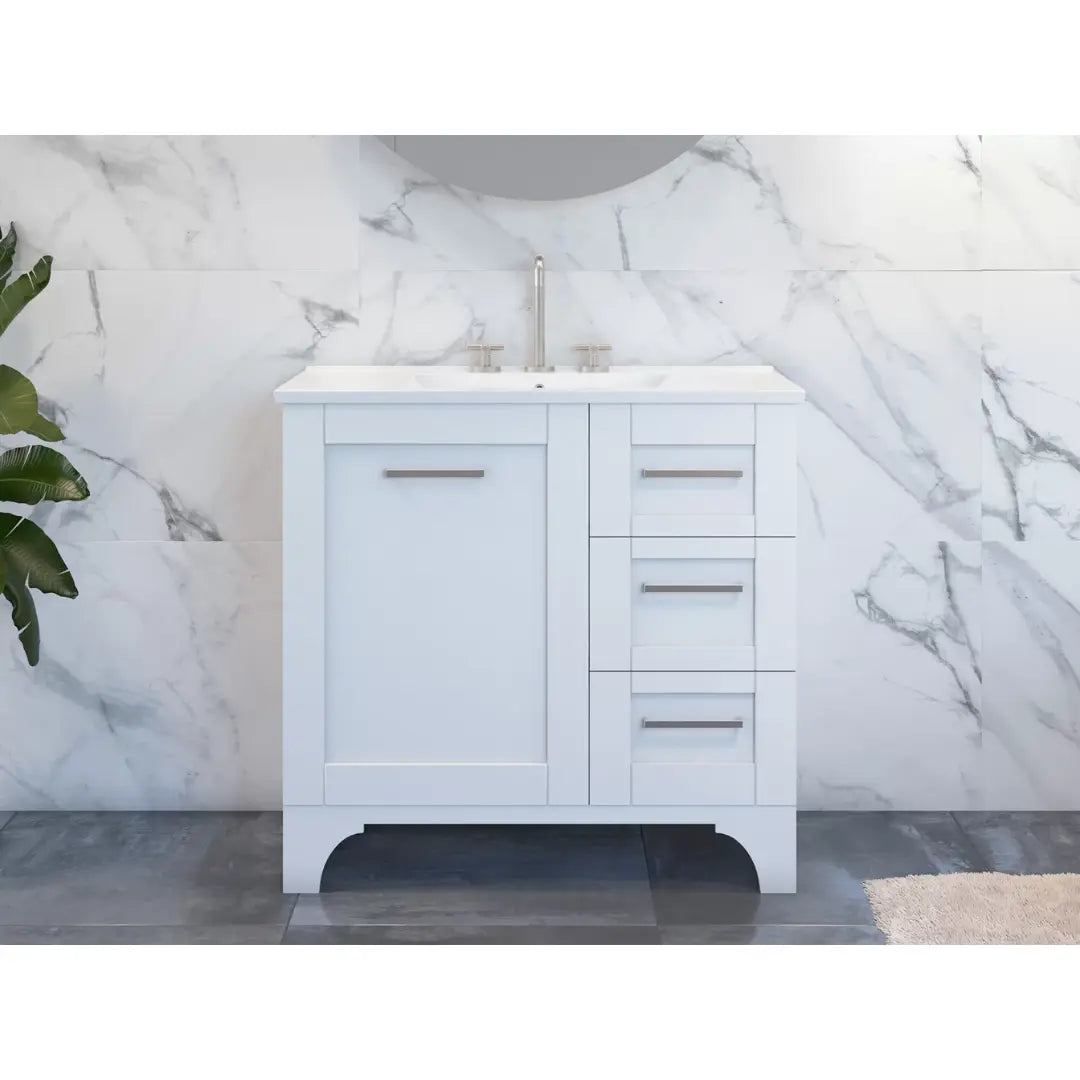 Windsor Freestanding Vanity with SilkSurface Top and above or under counter basin Timberline