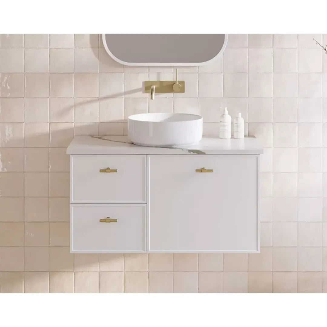 Victoria Wall Hung or Freestanding Vanity with SilkSurface Top and above or under counter basin Timberline