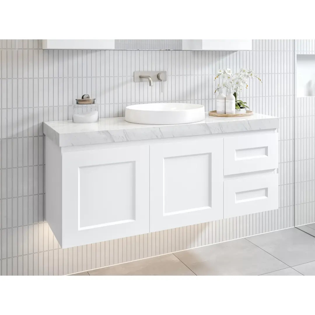Victoria Wall Hung or Freestanding Vanity with SilkSurface Top and above or under counter basin Timberline