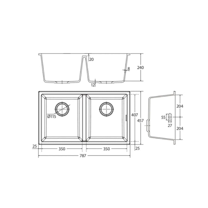 Kuro Granite 34L/34L Double Bowl Kitchen Sink - Matte Black and White Fienza