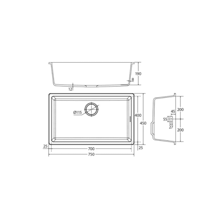 Kuro Granite 53L Single Bowl Kitchen Sink - Matte Black and White Fienza