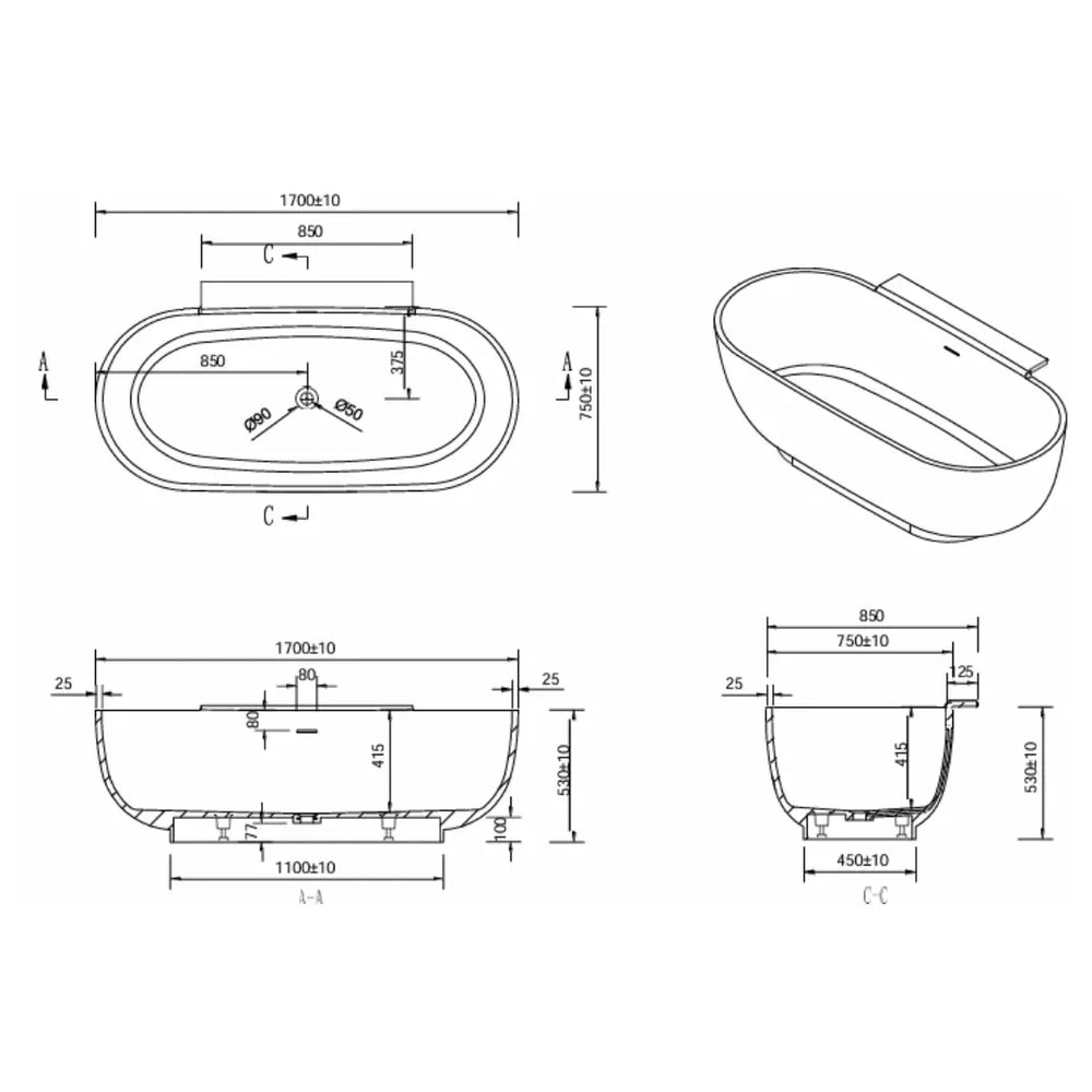 Abbey Freestanding Stone Back to wall Bath 1700mm with overflow Kaskade Stone