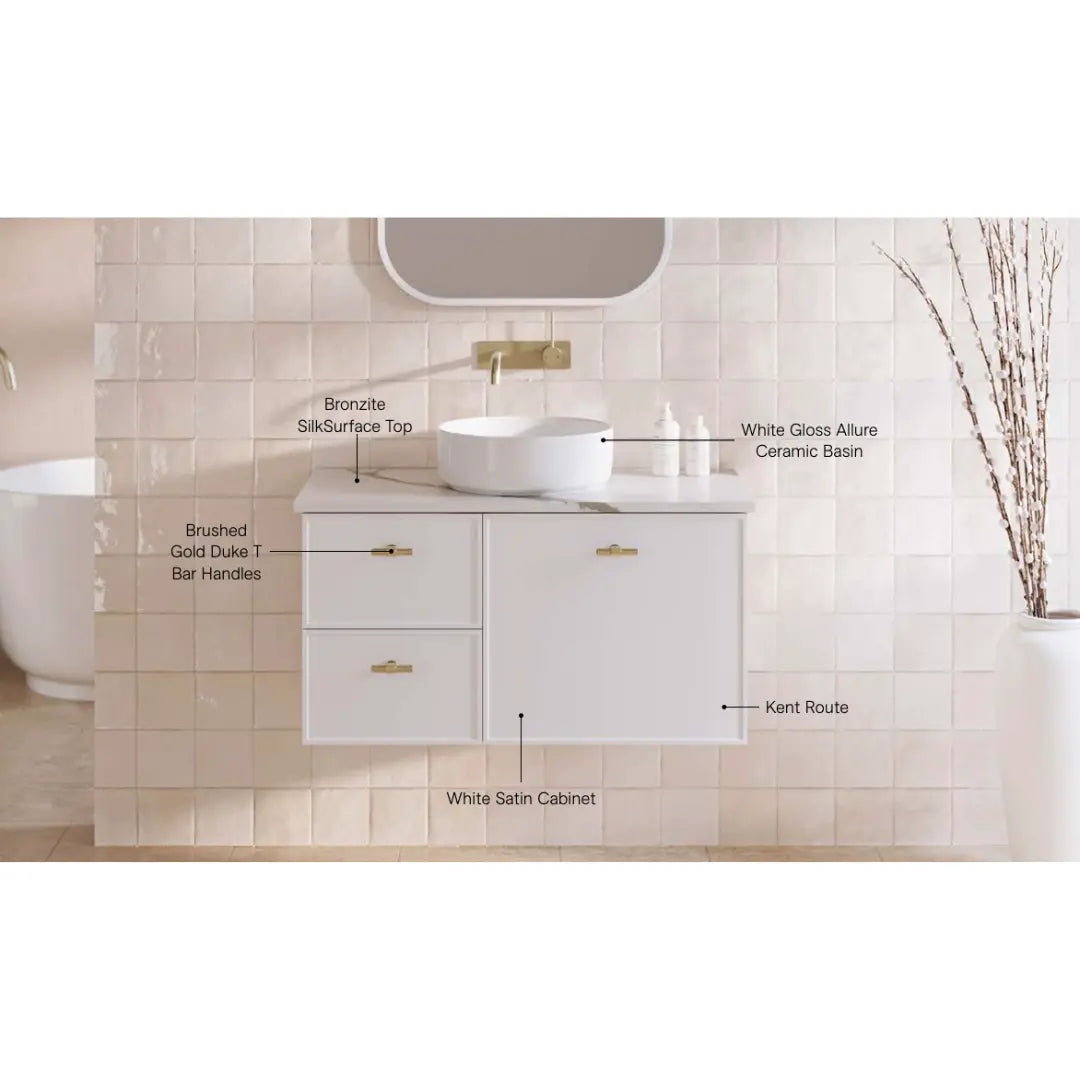 Victoria Wall Hung or Freestanding Vanity with SilkSurface Top and above or under counter basin Timberline