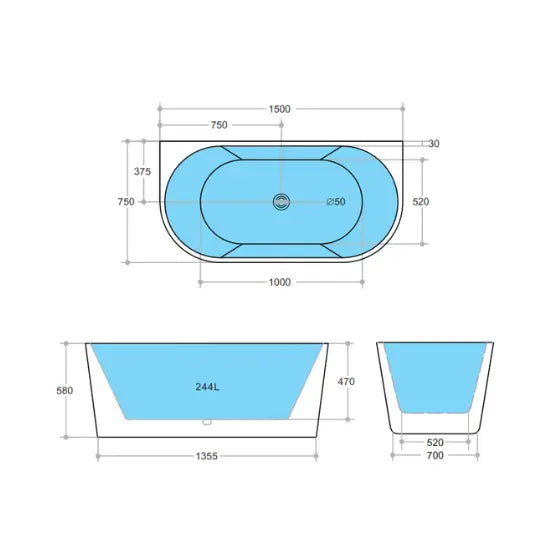Elivia Matte White Back to Wall freestanding acrylic bath 1500 or 1700mm Ceramic Exchange