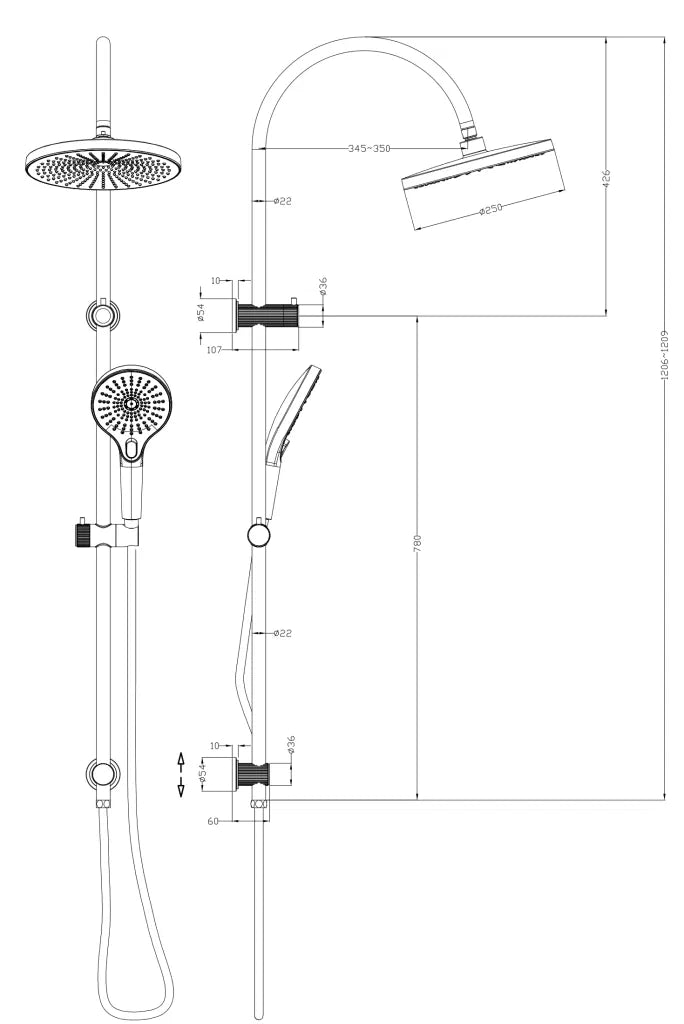 Mica Gooseneck Dual Shower Rail, Various finishes Bella Vista