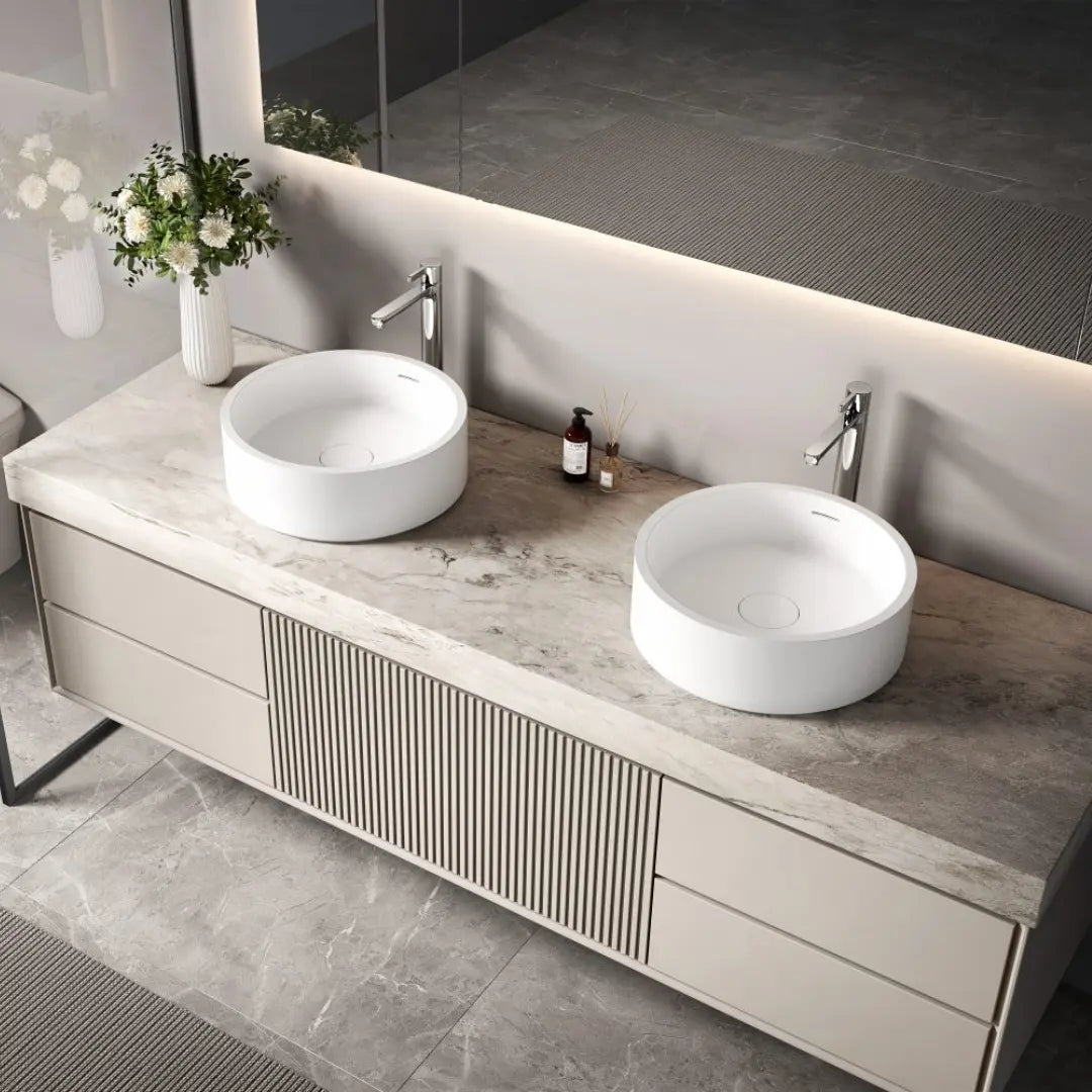 Leila Round Stone Basin with overflow (on display) Kaskade Stone