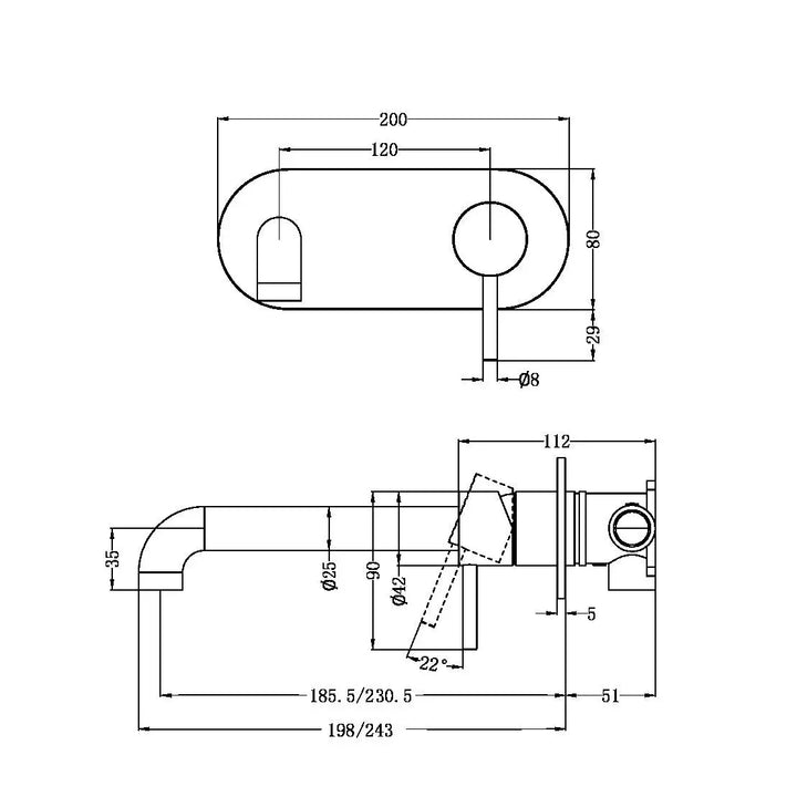 ZEN SS316L WALL BASIN/BATH MIXER 185/230MM SPOUT - Various Finishes Nero tapware