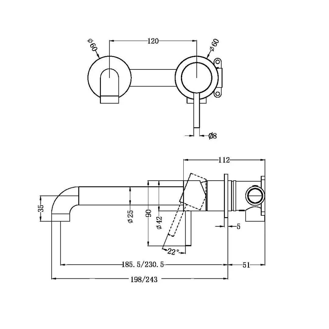 ZEN SS316L WALL BASIN/BATH MIXER SEPARATE BACK PLATE 185/230MM SPOUT - Various Finishes Nero tapware