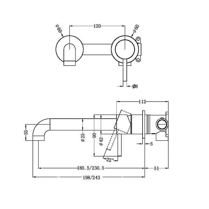 ZEN SS316L WALL BASIN/BATH MIXER SEPARATE BACK PLATE 185/230MM SPOUT - Various Finishes Nero tapware