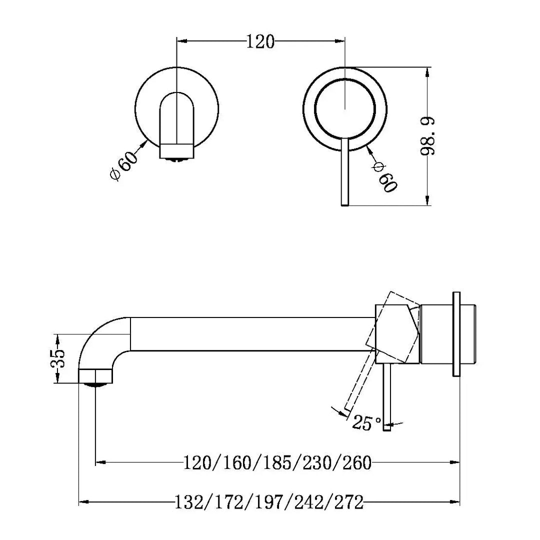 MECCA WALL BASIN/BATH MIXER SEPARATE BACK PLATE 120/160/185/230/260MM Nero tapware