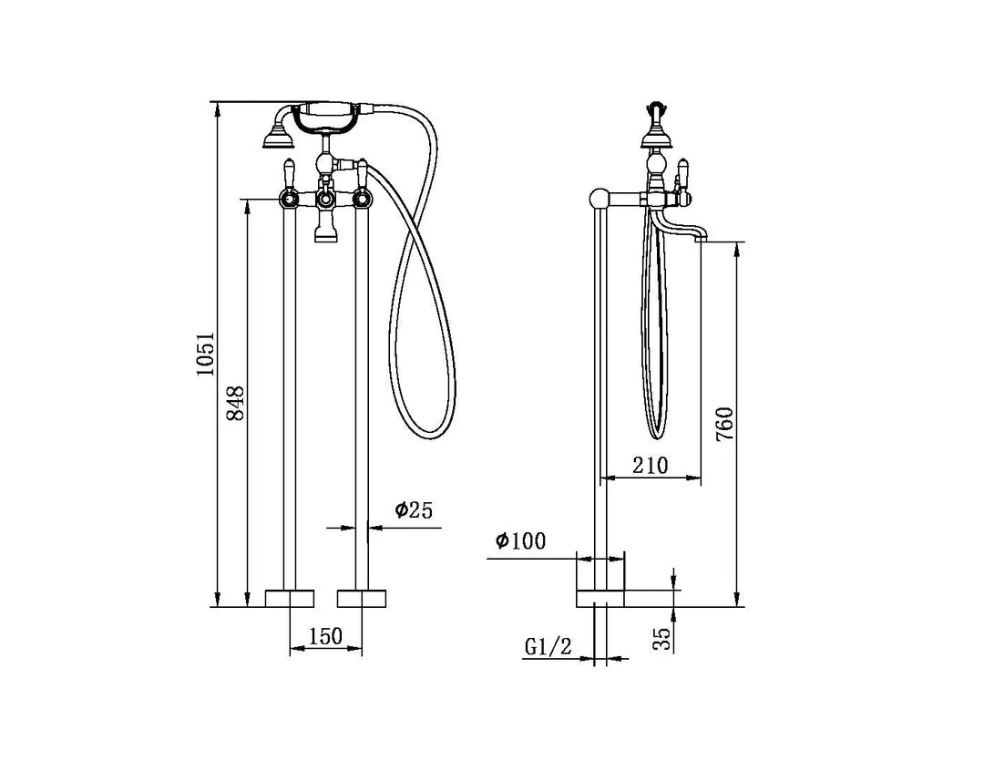 York Freestanding Bath Set with Metal or Porcelain Hand Shower Nero tapware