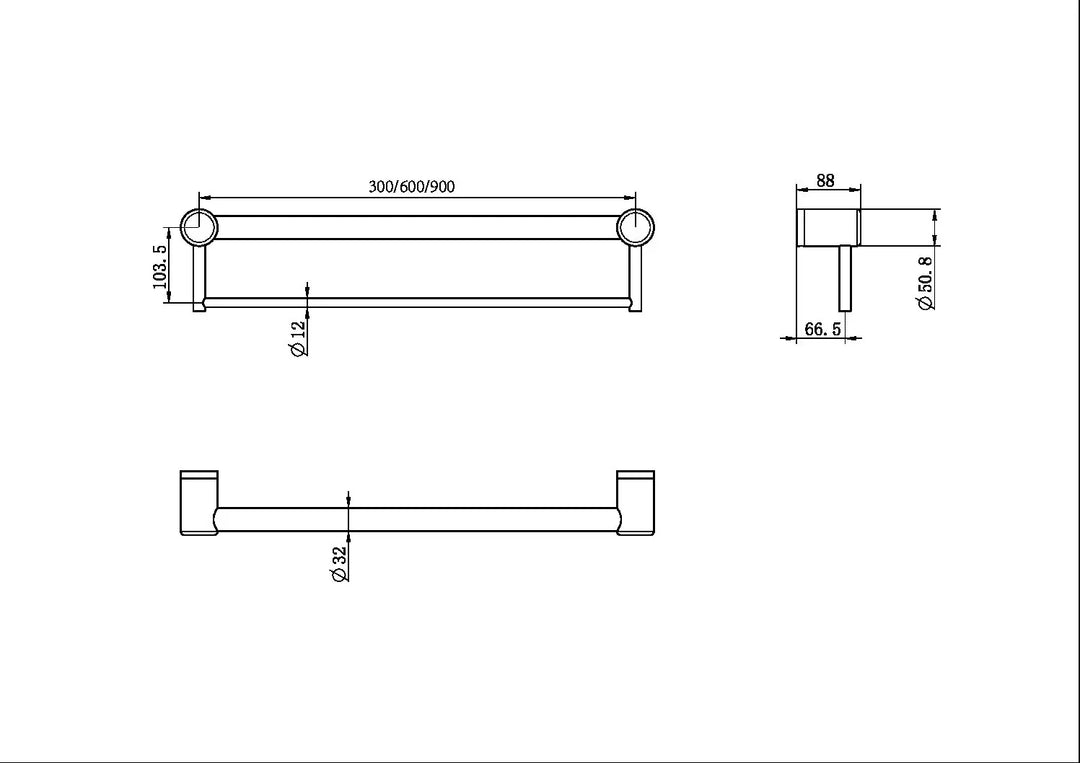 MECCA CARE 32MM GRAB RAIL WITH TOWEL HOLDER 300/600/900MM Nero tapware