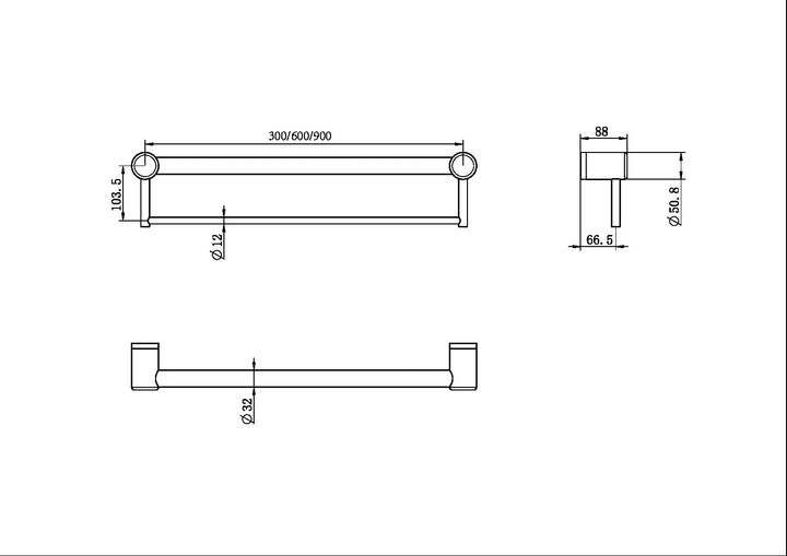 MECCA CARE 32MM GRAB RAIL WITH TOWEL HOLDER 300/600/900MM Nero tapware