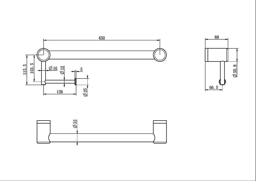 MECCA CARE 32MM GRAB RAIL WITH TOILET ROLL HOLDER 450MM Nero tapware