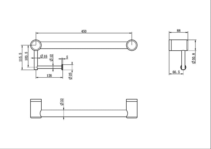 MECCA CARE 32MM GRAB RAIL WITH TOILET ROLL HOLDER 450MM Nero tapware