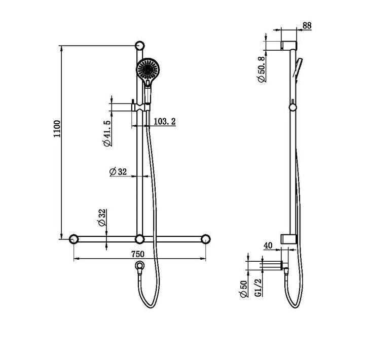 MECCA CARE 32MM T BAR GRAB RAIL AND ADJUSTABLE SHOWER SET 1100X750MM Nero tapware