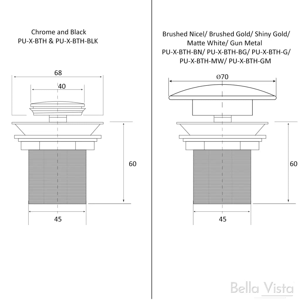Bellavista Corby Bath Pop-Up Waste, Non-overflow Bella Vista